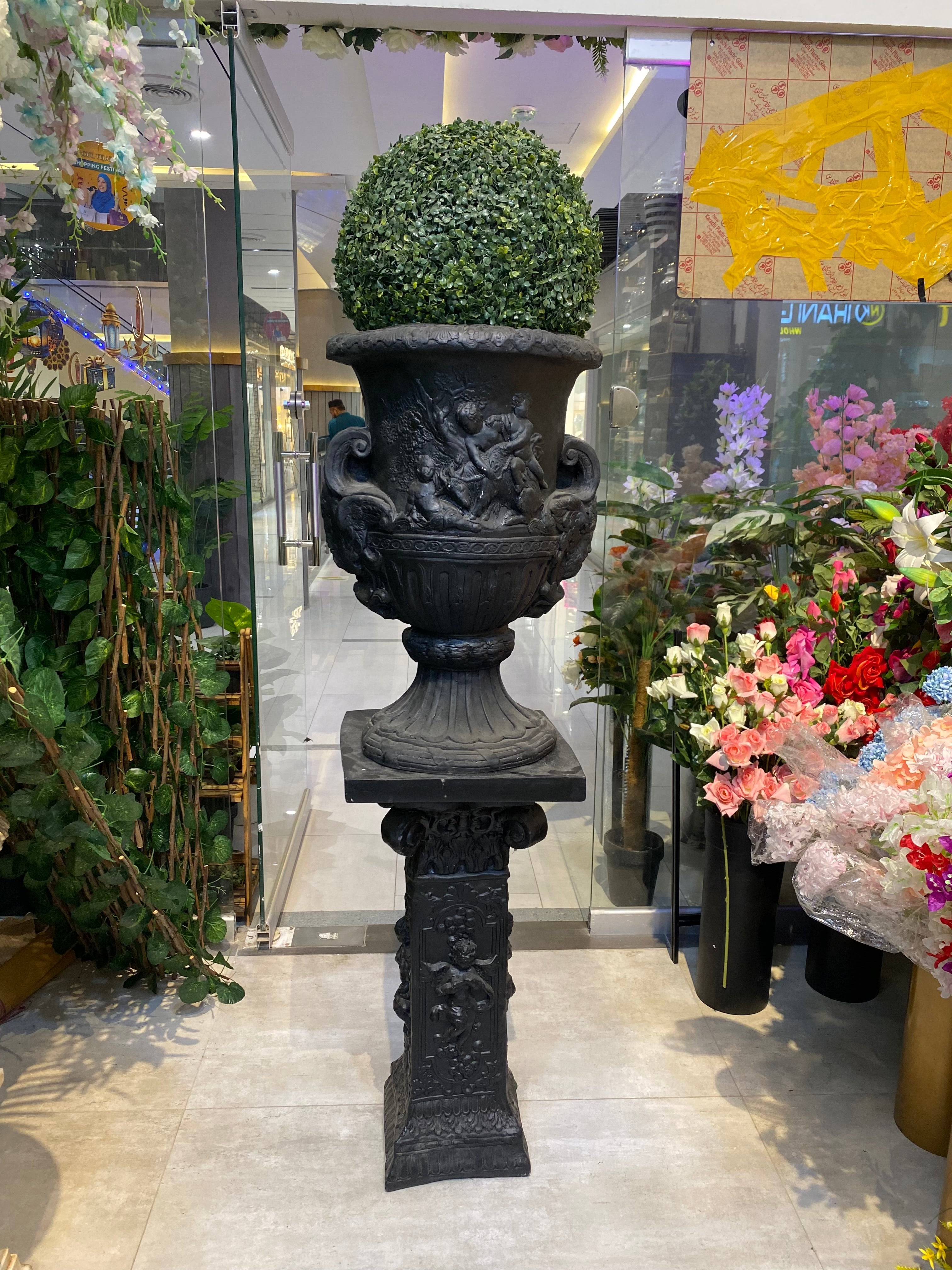 Big carved Urn & Pedestal With Topiary